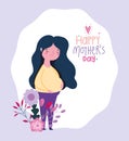 Happy mothers day, pregnant woman flowers cartoon Royalty Free Stock Photo