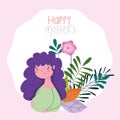 Happy mothers day, pregnant woman flowers foliage cartoon