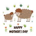 Happy Mothers Day print with a cute mother sheep and her baby lamb Royalty Free Stock Photo