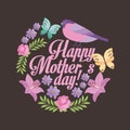 Happy mothers day romantic cute flowers bird butterfly black background Royalty Free Stock Photo