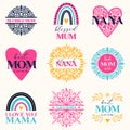 Happy Mothers Day Set. Best Mom ever. Greeting cards for Mother Holiday. Stickers with mandala, heart for Mother party