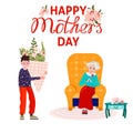 Happy Mothers day. Son with big bouquet of flowers celebrate his old mother. Happy Senior grandmother sit in armchair Royalty Free Stock Photo