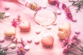 Happy Mothers Day - sweet macarons in heart shape and glass of rose sparkling wine Royalty Free Stock Photo