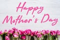 Happy mothers day text sign. Small pink roses on white rustic wooden background. Greeting card with flowers concept. Holiday Royalty Free Stock Photo