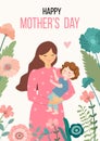 Happy Mothers Day. Vector illustration with woman and her child. Beautiful template. Can be used for banner, poster, card, postcar Royalty Free Stock Photo