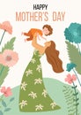 Happy Mothers Day. Vector illustration with woman and her child. Beautiful template. Can be used for banner, poster, card, postcar Royalty Free Stock Photo