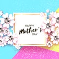 Happy Mothers Day. White Floral Greeting card with Brilliant stones. Womens Day with Paper cut flower. Floral holiday