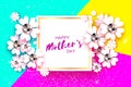 Happy Mothers Day. White Floral Greeting card with Brilliant stones. Womens Day with Paper cut flower. Floral holiday