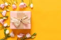 Happy Mothers Day, Womens Day, Valentines Day or Birthday Yellow and Pastel Pink Colored Background. Flat lay with gift box. Royalty Free Stock Photo