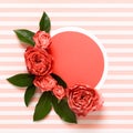 Happy Mothers Day, Womens Day, Valentines Day or Birthday Living Coral Pantone Color Background. Coral flat lay greeting card. Royalty Free Stock Photo