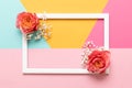 Happy Mothers Day, Womens Day, Valentines Day or Birthday Pastel Colored Background. Flat lay mock up greeting card. Royalty Free Stock Photo