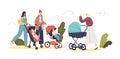 Happy mothers with infant kids in strollers walk in park outdoors. Young women pushing prams