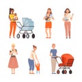 Happy motherss holding babies in their arms and walking with baby strollers set cartoon vector illustration Royalty Free Stock Photo