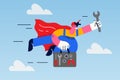 Motivated mechanic as superhero fly to customer Royalty Free Stock Photo