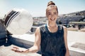 Happy, motivation and woman soccer athlete with a football ready for a workout, match or exercise. Portrait of a teen