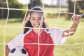 Happy, motivation and woman soccer player with a football ready for a workout, match or exercise. Portrait of a teen