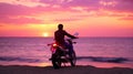 Happy Motorcyclist Rides Bike on Beach at Sunset