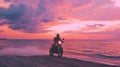 Happy Motorcyclist Rides Bike on Beach at Sunset