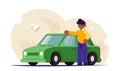 Happy motorist concept. People stands next to his red car. Buying or service for cars. Modern flat vector illustration.