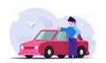 Happy motorist concept. People stands next to his red car. Buying or service for cars. Modern flat vector illustration. Royalty Free Stock Photo