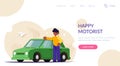 Happy motorist concept. People stands next to his red car. Buying or service for cars. Modern flat vector illustration Royalty Free Stock Photo