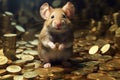 A happy mouse holds a coin and sits on the coins, there is a lot of money around it.