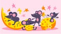 Happy mouses and cheese slices vector illustration. Group of cute little mouses rodents having fun eating cheese Royalty Free Stock Photo