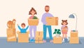 Happy moving family. Cartoon parents and kids move to new home, packing belongings. People carry boxes. Moving to apartment vector Royalty Free Stock Photo