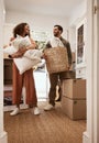 Happy, moving and front door with couple in new house for investment, future and property. Real estate, love and helping Royalty Free Stock Photo