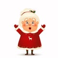 Happy Mrs. Claus cartoon character isolated. Christmas Cute, Cheerful, funny wife Mrs Claus waving hands and greeting Royalty Free Stock Photo