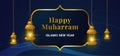 Happy muharram islamic new hijri year background design. Golden frame hanging traditional lantern lamp illustration on