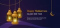 Happy muharram islamic new hijri year background. Hanging traditional lantern lamp illustration on wavy shape abstract