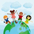 Happy multi ethnic kids standing on the earth. Royalty Free Stock Photo