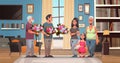 Happy multi generation family congratulating women with international 8 march day concept men giving flowers living room