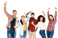 happy multicultural group of people smiling with hands above head isolated Royalty Free Stock Photo