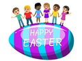 Happy Multicultural kids hand in hand big egg easter isolated