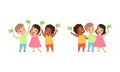 Happy Multicultural Kids Standing Together with Green Flags, Friendship, Unity, Earth Planet Protection Cartoon Vector