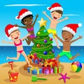 Happy Multicultural Kids swimsuit xmas hat jumping tree tropical beach