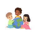 Happy multicultural little kids sitting around the globe together, friendship, unity concept vector Illustration on a