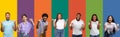 Happy multicutural people clenching fists on backgrounds, collage, banner Royalty Free Stock Photo