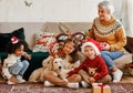 Happy multiethnic family, grandmother with grandchildren and dog enjoying Christmas day