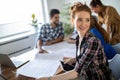 Happy multiethnic group of business people working together on meeting in office Royalty Free Stock Photo