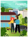 Happy multiracial family in the garden near big house, flat vector illustration. Family home poster, banner template. Royalty Free Stock Photo