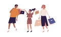 Happy multiracial family with kid holding shopping bags. Mother, father and daughter with purchases after shop. Colored