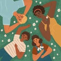 Happy multiracial family lying on a grass in park. Multicultural family concept vector illustration. Black woman and