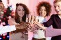 Happy Multiracial Friends Toasting Celebrating New Year Standing At Home