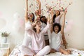 Happy girls have fun dancing at home bridal shower Royalty Free Stock Photo