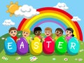 Happy multiracial kids children playing with big multicolored easter eggs outdoor