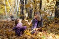 Happy mum and the daughter play autumn park