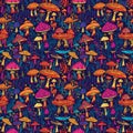 Happy Mushrooms seamless pattern design, Psychedelic Decorative in Neon Colors